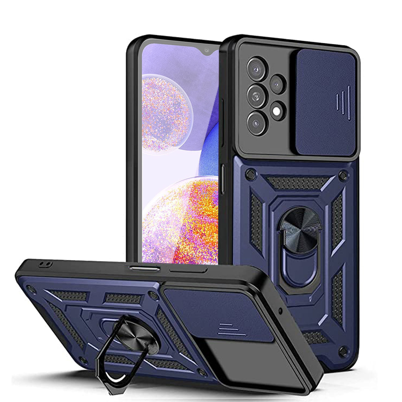 Kickstand Ring Holder with Slide Camera Cover TPU Shockproof Case and Magnetic Car Mount for SAMSUNG GALAXY A23 In Blue